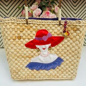 Woven Seagrass Market Tote Red Hat Lady Applique Bag